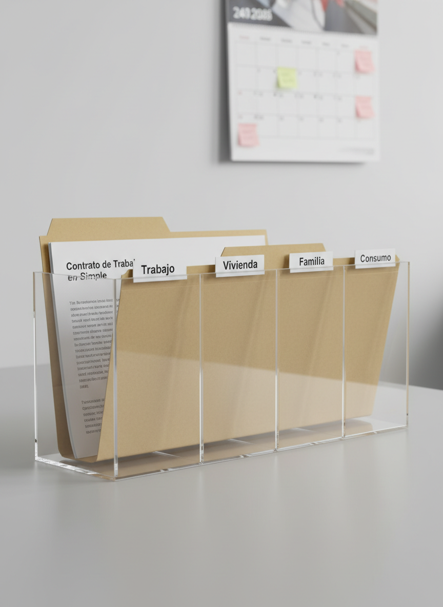 A transparent acrylic file organizer sits on a smooth, light gray desk, each compartment filled with neatly labeled folders: “Trabajo”, “Vivienda”, “Familia”, “Consumo”, written in clear black lettering on white tabs. The folder for “Trabajo” is slightly pulled forward, revealing the first page titled “Contrato de Trabajo en Simple” in a clean sans-serif font. Soft overhead office lighting provides even, neutral illumination, with gentle reflections on the acrylic surfaces and faint shadows behind the organizer. In the softly blurred background, a modern wall calendar shows the current month marked with small, tidy notes. Photographic realism, eye-level composition with moderate depth of field, creates an organized, approachable mood for understanding specific areas of Chilean law without overwhelm.