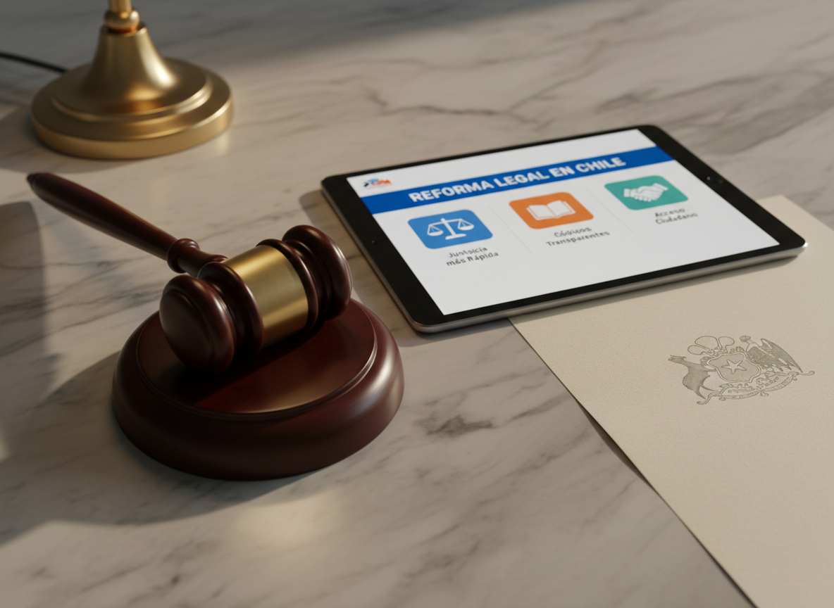 A polished dark wooden judge’s gavel and sound block rest unused beside a slim, modern tablet lying flat on a marble table. On the tablet’s screen, a clean, colorful infographic about “Reforma Legal en Chile” is visible, with simple icons and short text blocks, though slightly out of focus. A Chilean coat of arms appears as a refined watermark on a document partially tucked under the tablet. Warm, directional lighting from a desk lamp to the left casts elegant, controlled shadows and a soft glow on the marble veins. Photographic realism, shot from a slightly low angle with the gavel in sharp focus, conveys the transition from traditional legal symbolism to modern, accessible explanations of Chilean legal reforms.