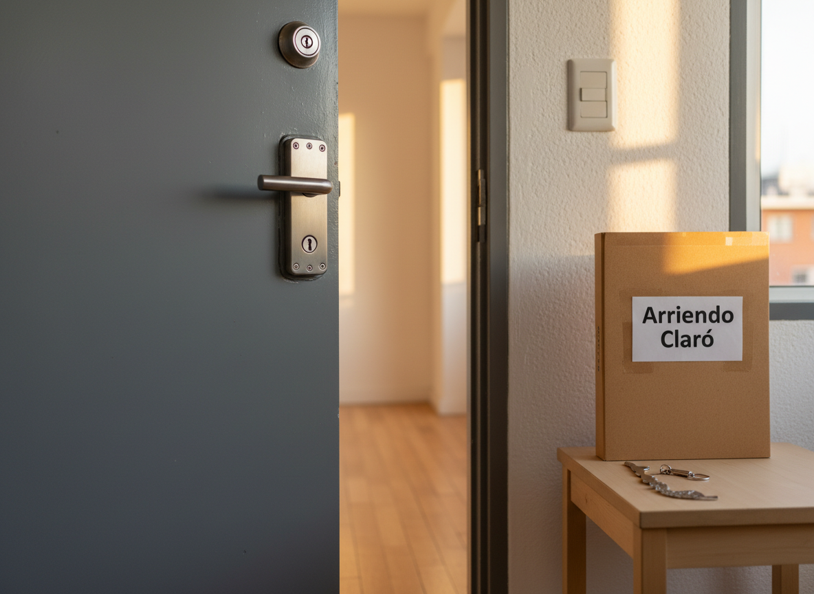 A tidy apartment entrance seen from inside, with a solid steel security door painted matte charcoal gray, featuring a high-quality deadbolt and peephole. On a small side table, a folder labeled “Arriendo Claro” rests beside a keychain shaped like a tiny Chilean map. Late afternoon natural light enters from an adjacent window, creating a warm, reassuring glow on the textured white walls and the brushed metal of the lock. The hallway beyond the door is softly blurred, suggesting the outside world. Photographic realism, eye-level composition with shallow depth of field, evokes a calm, secure atmosphere, ideal for illustrating tenant rights and responsibilities in Chilean housing law without showing any people.