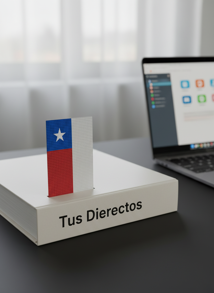 A minimalist Chilean flag rendered as a refined fabric bookmark, its red, white, and blue threads sharply detailed, tucked neatly into a thick neutral-toned legal binder labeled “Tus Derechos” in clean, modern typography. The binder rests on a matte black desk surface alongside a sleek laptop showing a blurred interface with simple, colorful icons. Diffused overcast light from an unseen window creates a soft, even illumination with subtle reflections along the laptop’s edges. The composition follows the rule of thirds, with crisp focus on the flag bookmark and binder while the background fades into gentle bokeh. Photographic realism with a sophisticated, modern mood, emphasizing national law made simple and approachable.