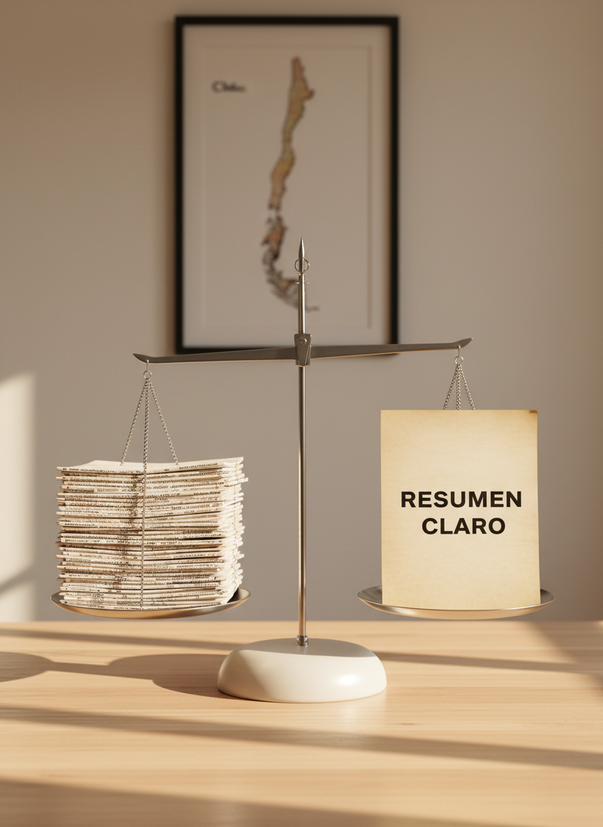 A clean white ceramic balance scale, with precisely polished metal arms and plates, stands centered on a light oak desk. Beneath one plate lies a dense stack of complex legal documents covered in small, intricate text; beneath the other, a single bold sheet titled “Resumen Claro” in large, legible letters. Warm afternoon sunlight streams in from the right, creating refined highlights on the ceramic base and subtle shadows on the paperwork. In the softly blurred background, a neutral-toned wall features a simple framed map of Chile. Photographic realism, slightly elevated angle, crisp focus on the scale, conveying the transformation of complex Chilean law into concise, understandable guidance with an elegant, trustworthy aesthetic.